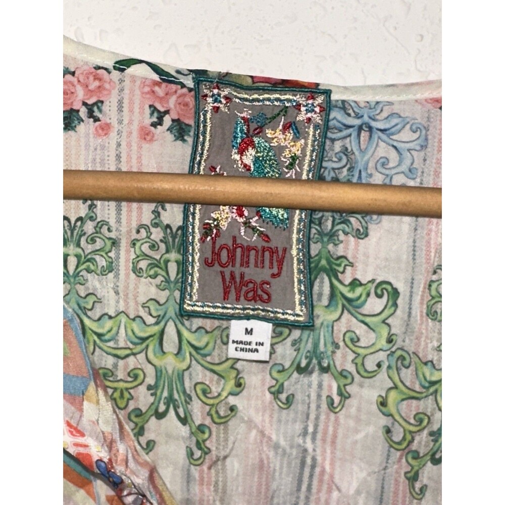 Johnny Was Light Pink White Floral Plaid Multicolor Zadie Satin Tassel Tunic Top - Picture 3 of 5
